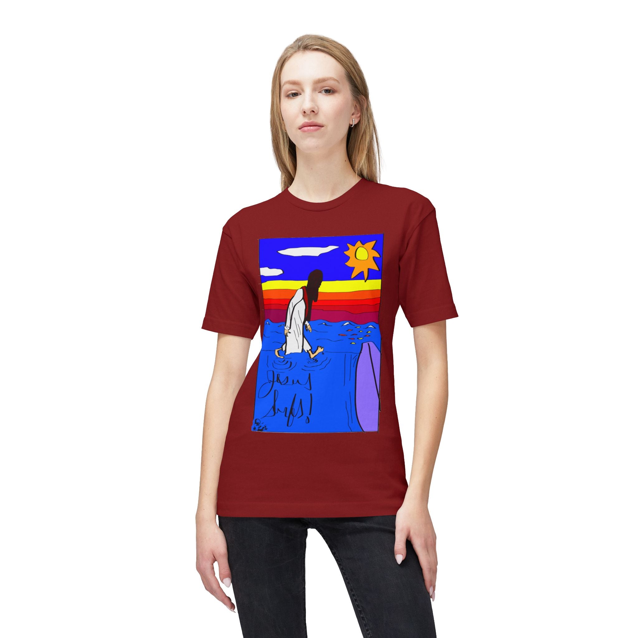 Jesus Surfs “Walks On Water” Front Graphic Unisex Deluxe T-shirt