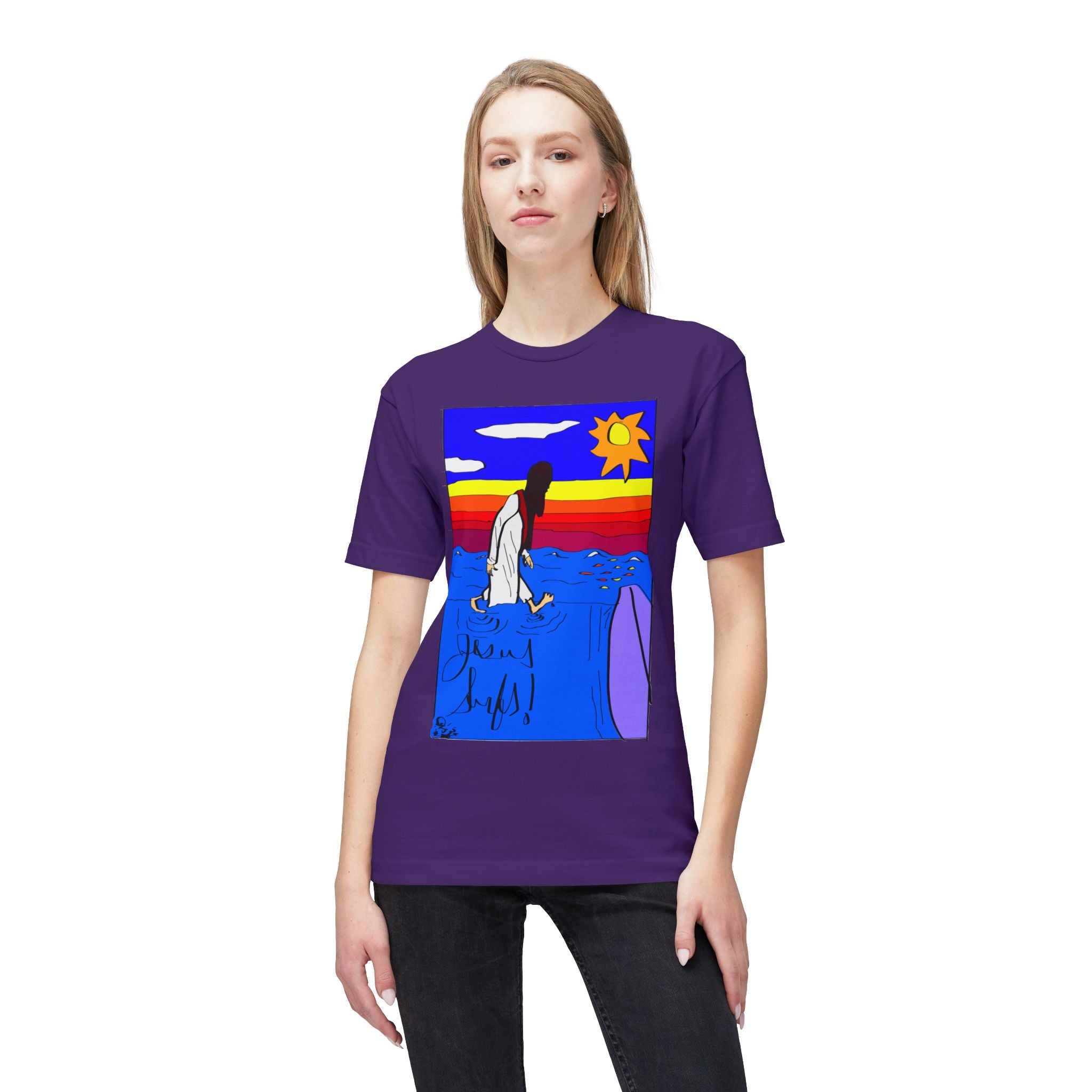 Jesus Surfs “Walks On Water” Front Graphic Unisex Deluxe T-shirt