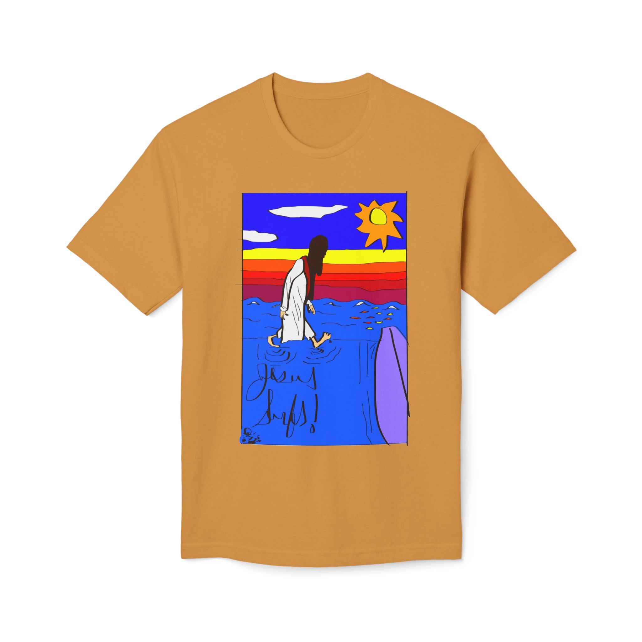 Jesus Surfs “Walks On Water” Front Graphic Unisex Deluxe T-shirt
