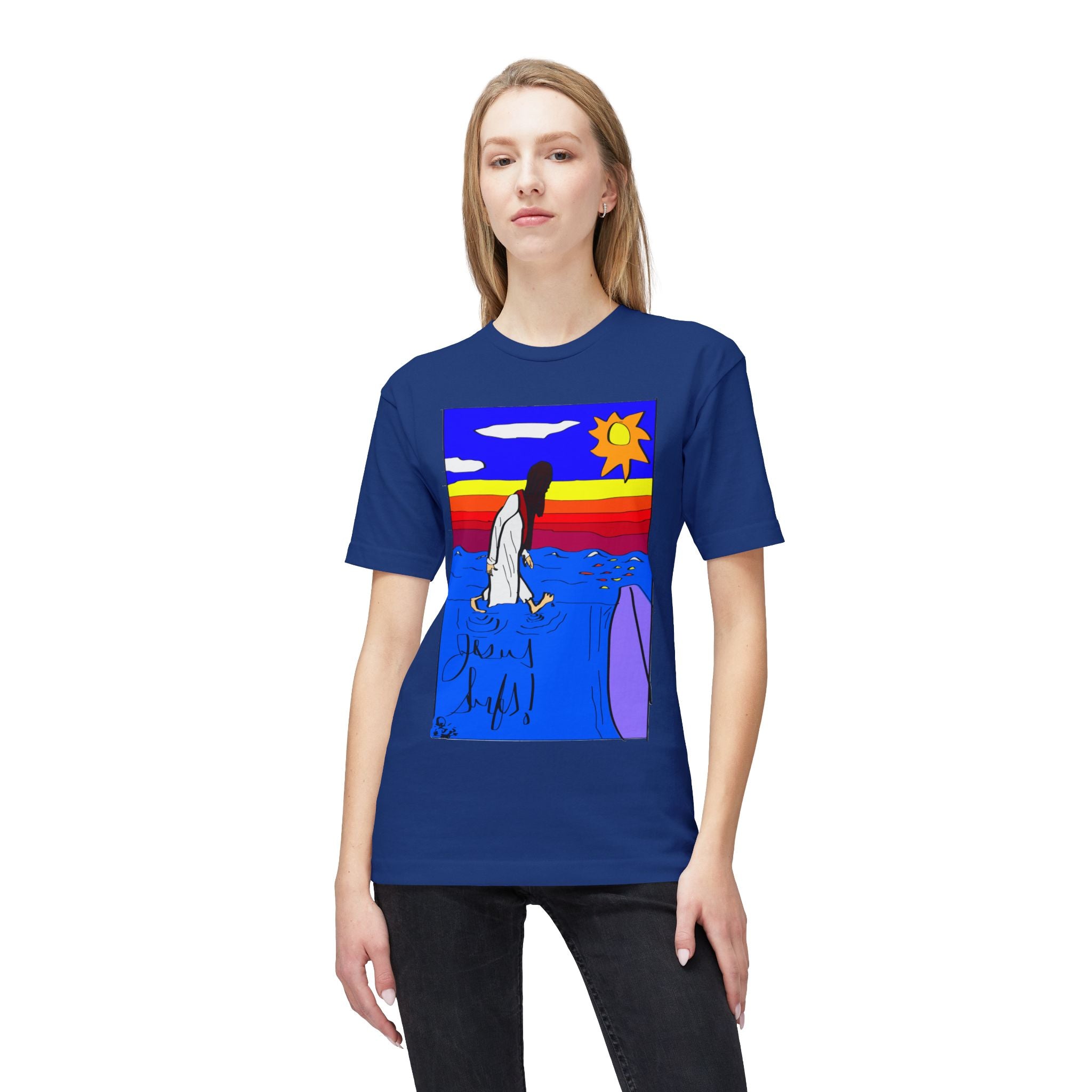 Jesus Surfs “Walks On Water” Front Graphic Unisex Deluxe T-shirt