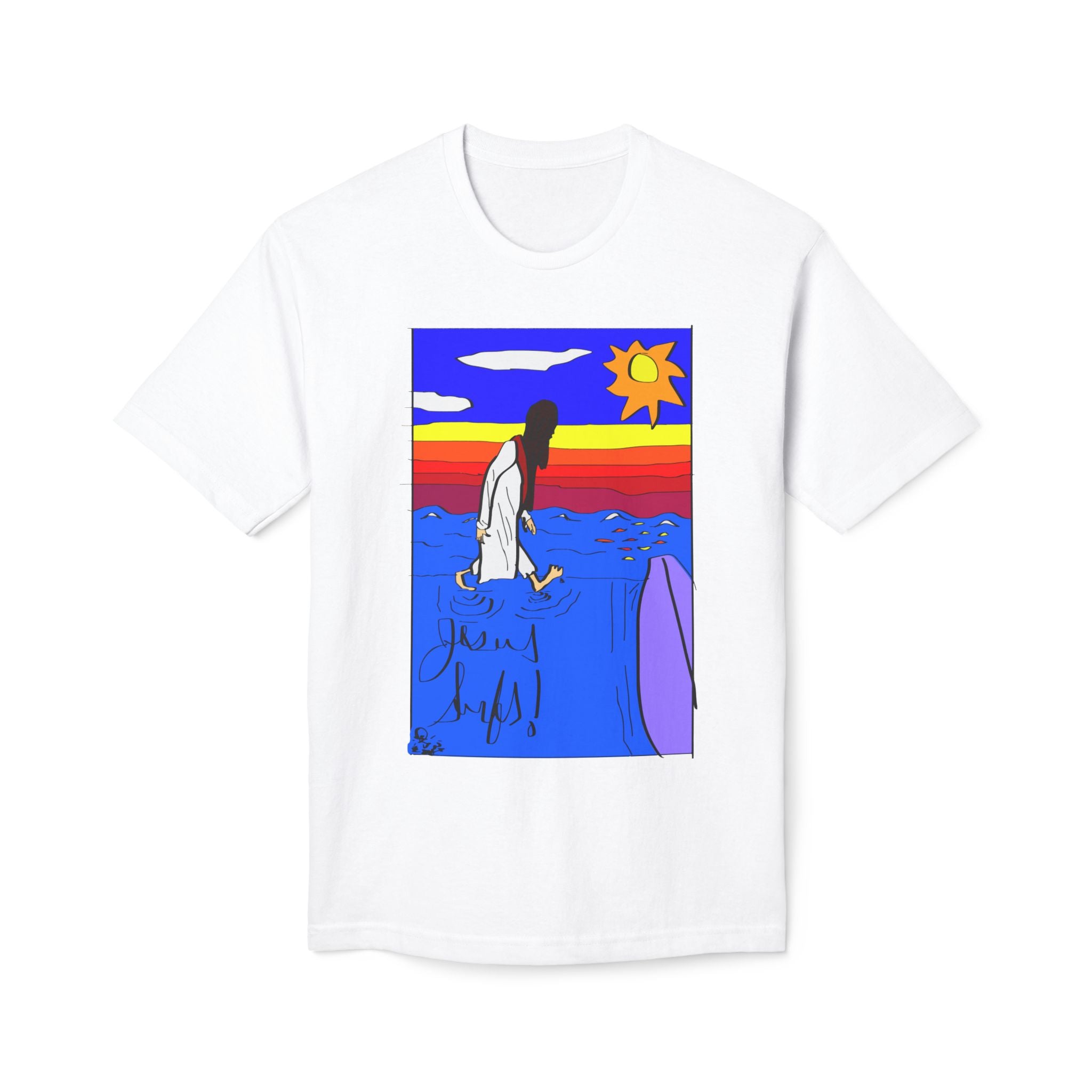 Jesus Surfs “Walks On Water” Front Graphic Unisex Deluxe T-shirt