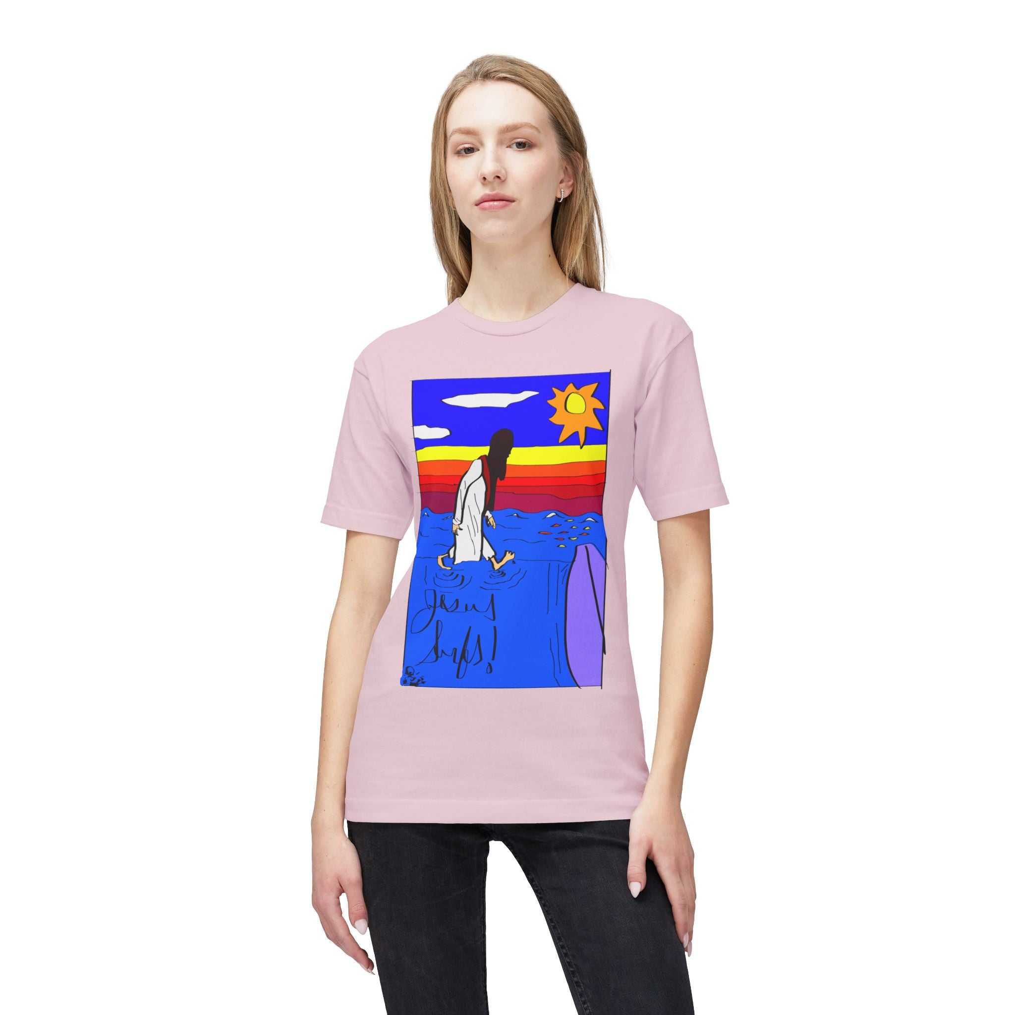 Jesus Surfs “Walks On Water” Front Graphic Unisex Deluxe T-shirt