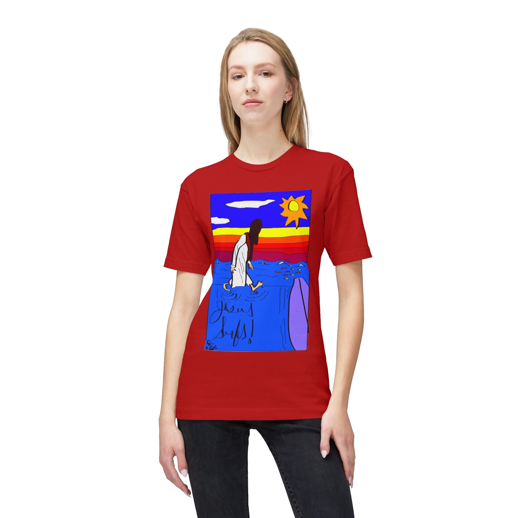 Jesus Surfs “Walks On Water” Front Graphic Unisex Deluxe T-shirt