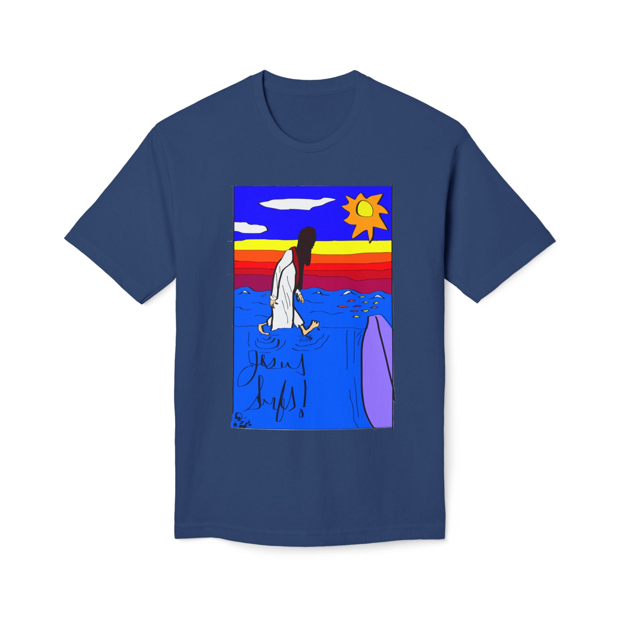 Jesus Surfs “Walks On Water” Front Graphic Unisex Deluxe T-shirt