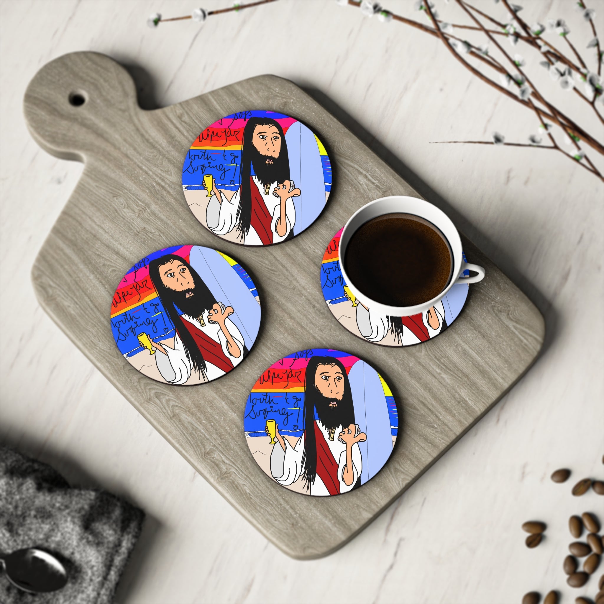Jesus Surfs - Wipe Your Mouth & Go Surf - Coasters