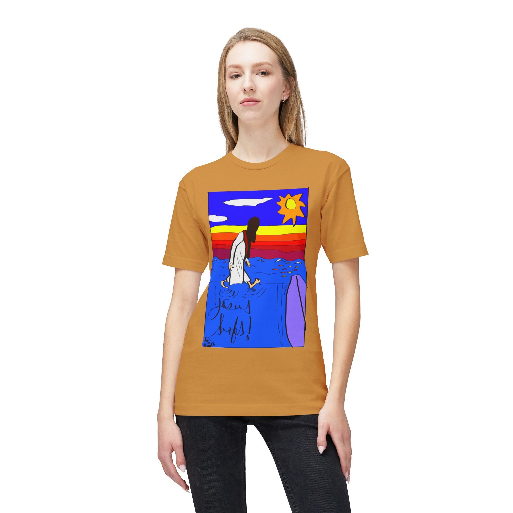 Jesus Surfs “Walks On Water” Front Graphic Unisex Deluxe T-shirt