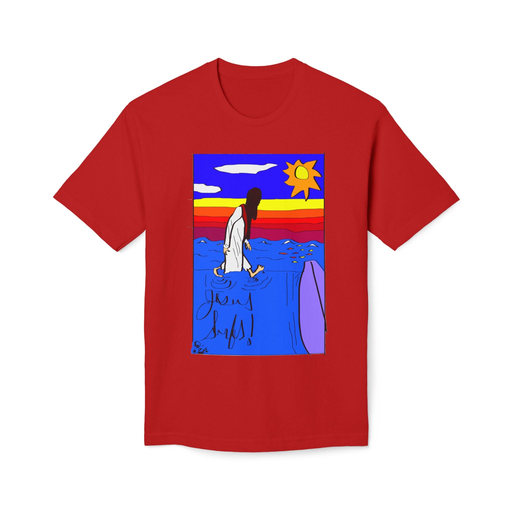 Jesus Surfs “Walks On Water” Front Graphic Unisex Deluxe T-shirt