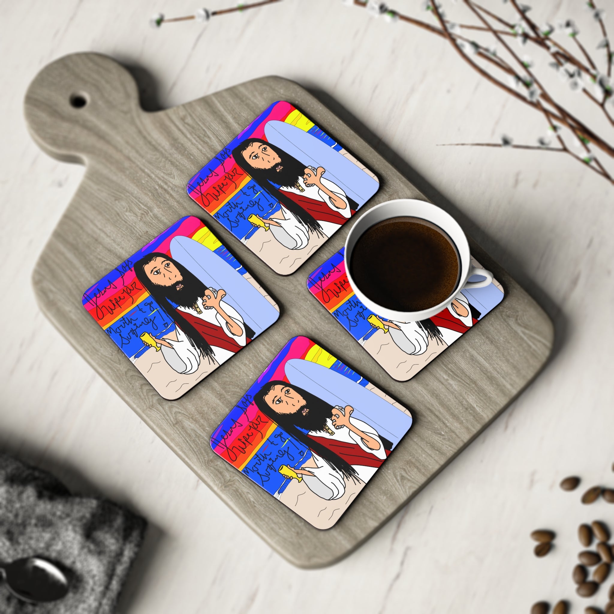 Jesus Surfs - Wipe Your Mouth & Go Surf - Coasters