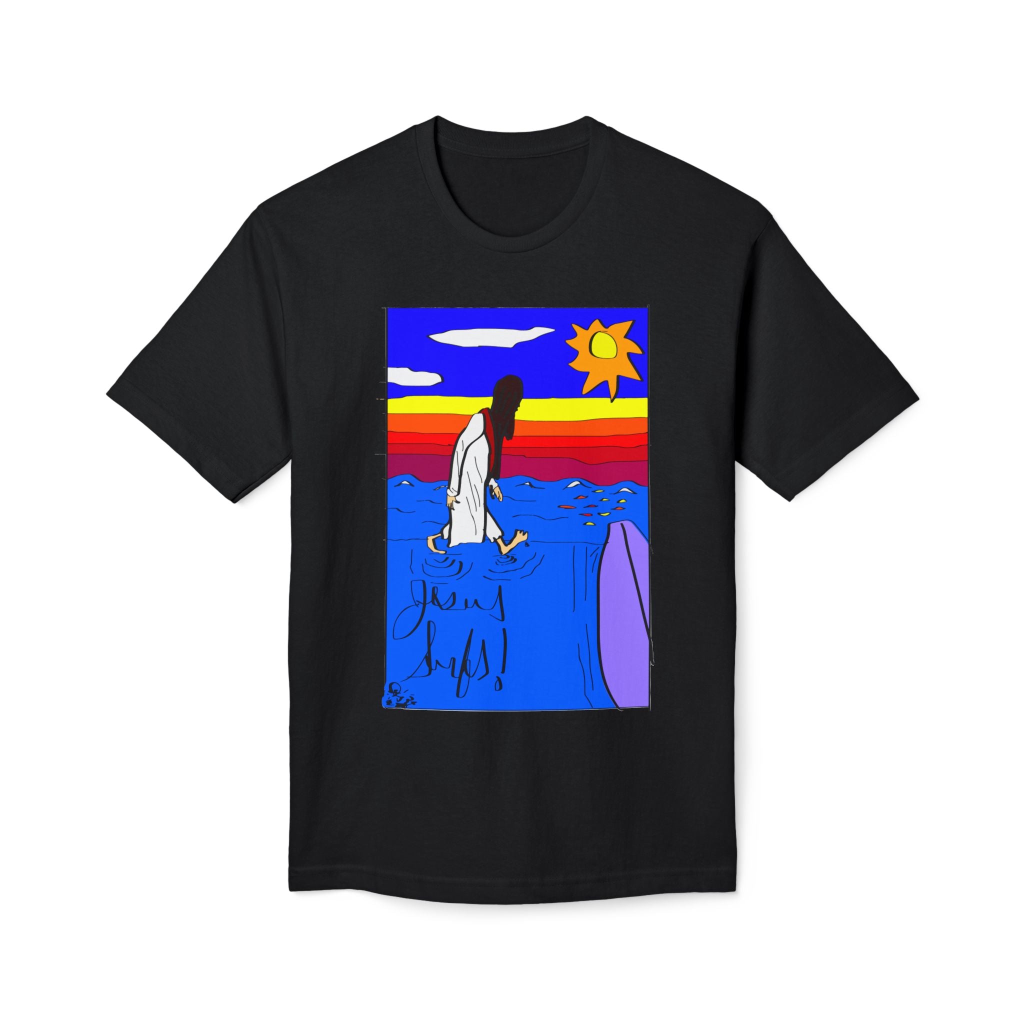 Jesus Surfs “Walks On Water” Front Graphic Unisex Deluxe T-shirt