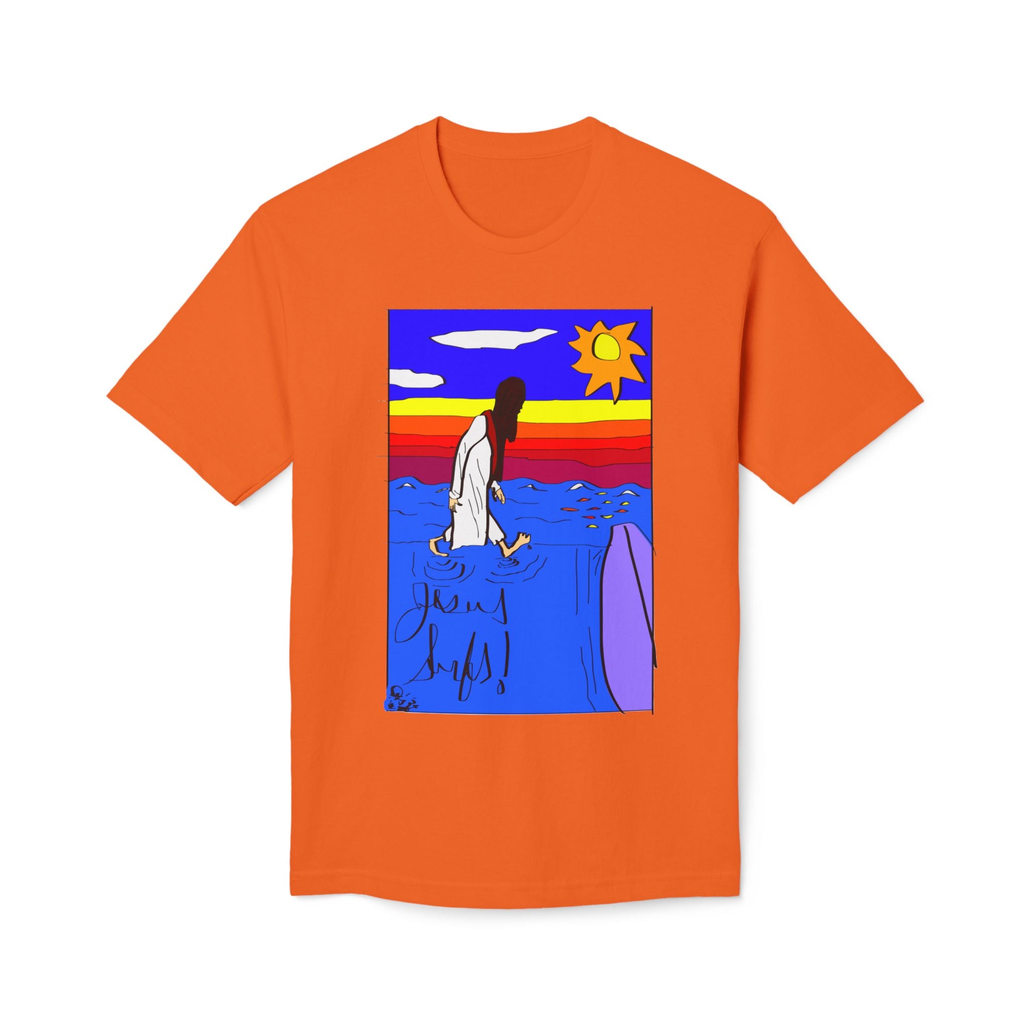 Jesus Surfs “Walks On Water” Front Graphic Unisex Deluxe T-shirt