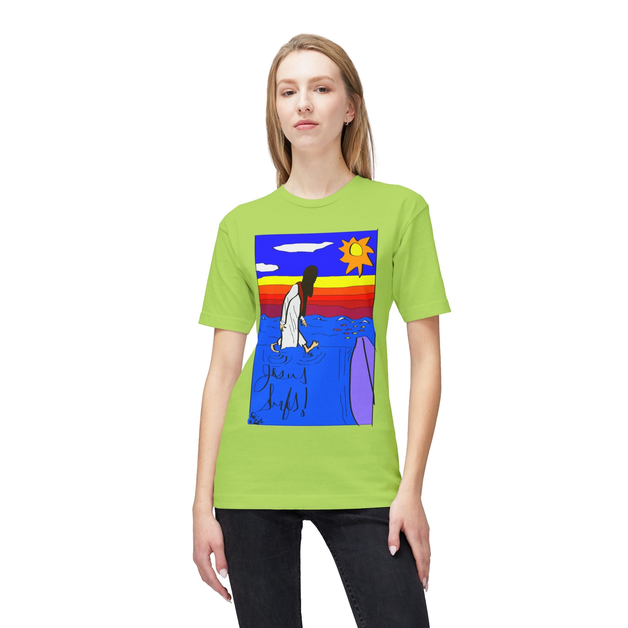 Jesus Surfs “Walks On Water” Front Graphic Unisex Deluxe T-shirt