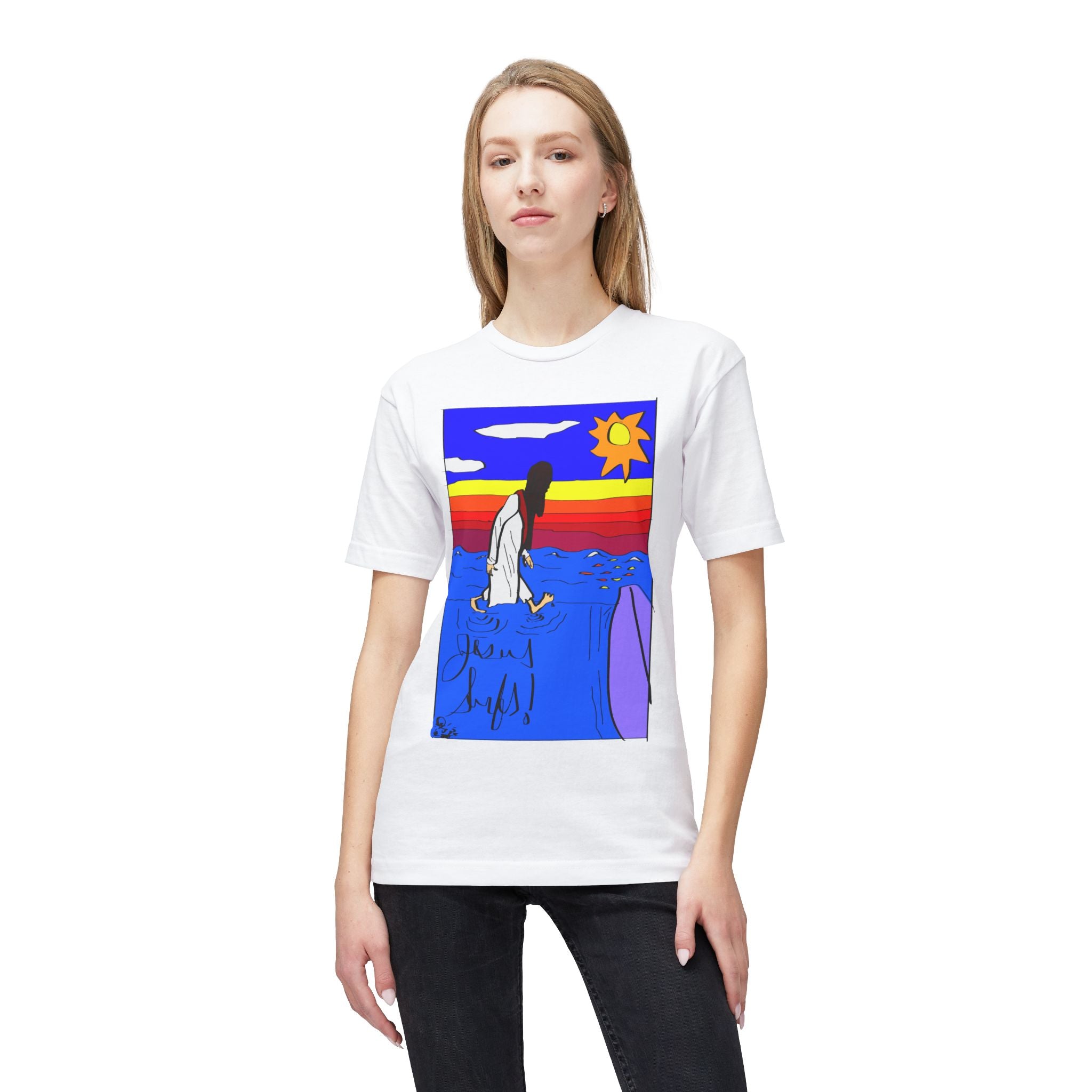 Jesus Surfs “Walks On Water” Front Graphic Unisex Deluxe T-shirt