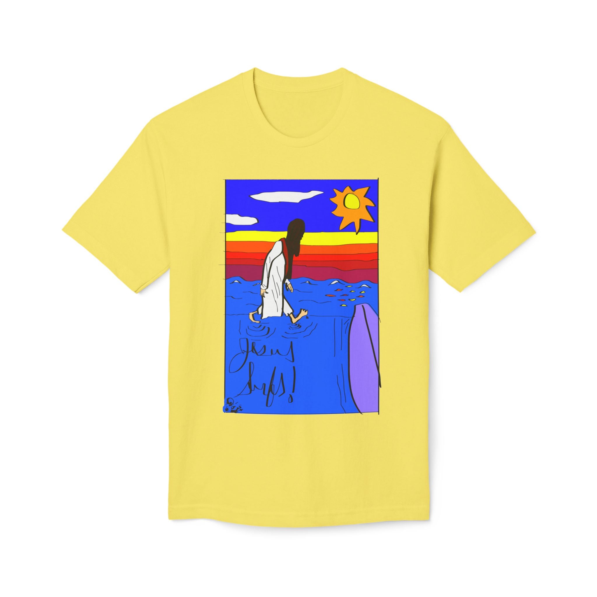 Jesus Surfs “Walks On Water” Front Graphic Unisex Deluxe T-shirt