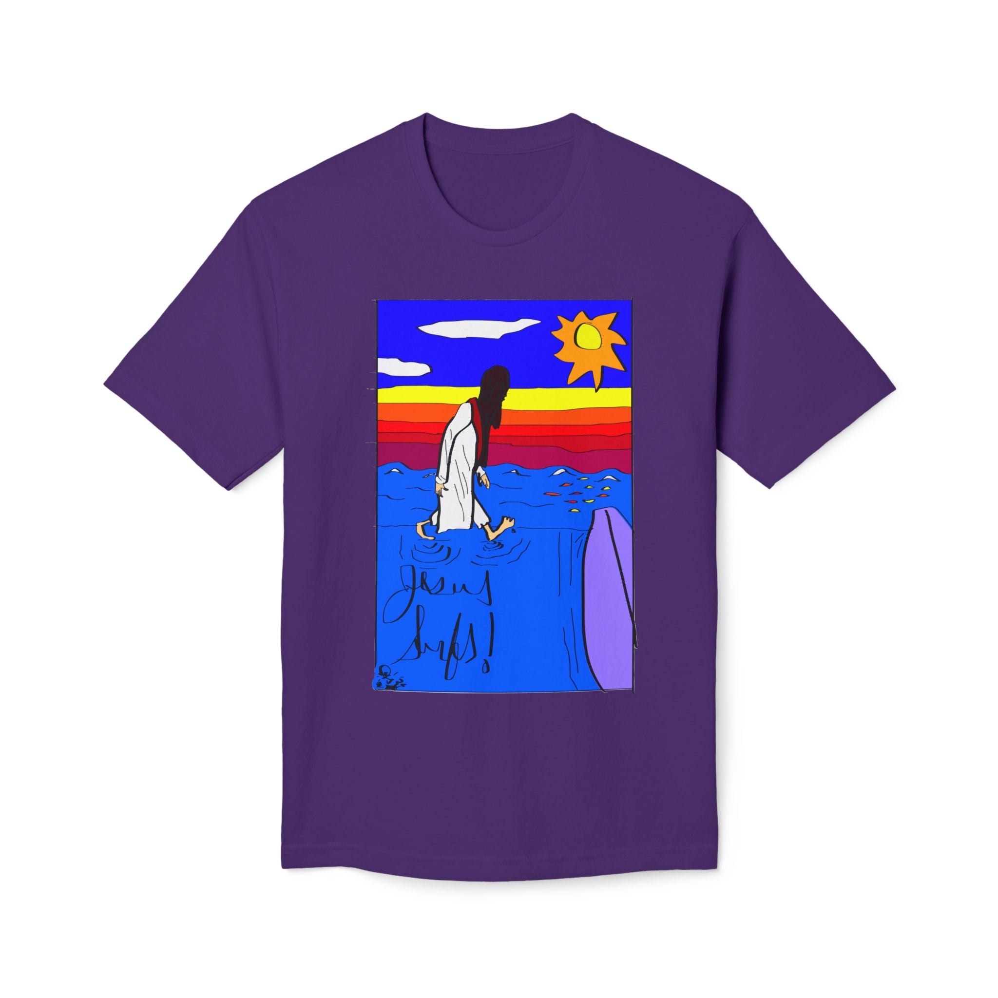 Jesus Surfs “Walks On Water” Front Graphic Unisex Deluxe T-shirt