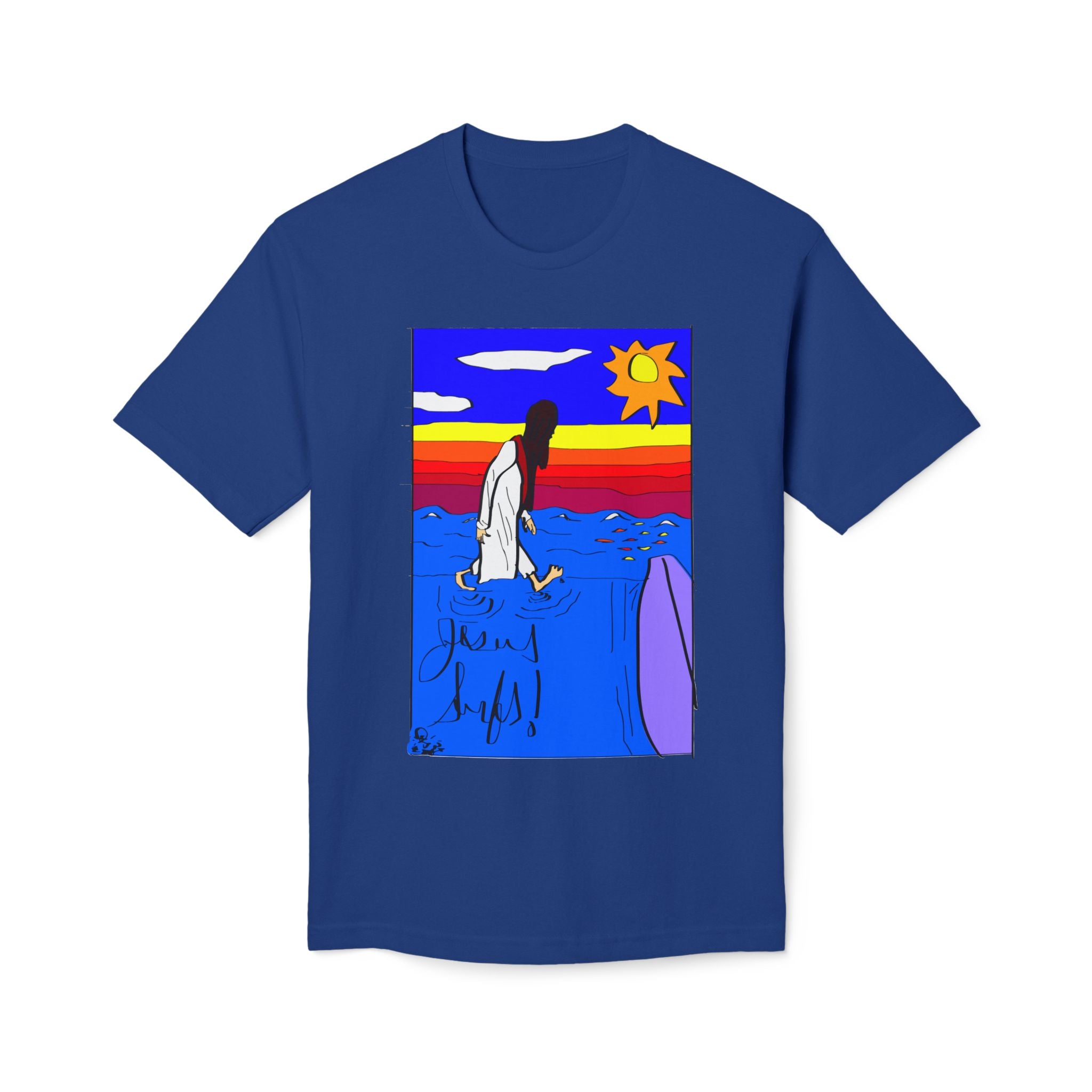 Jesus Surfs “Walks On Water” Front Graphic Unisex Deluxe T-shirt