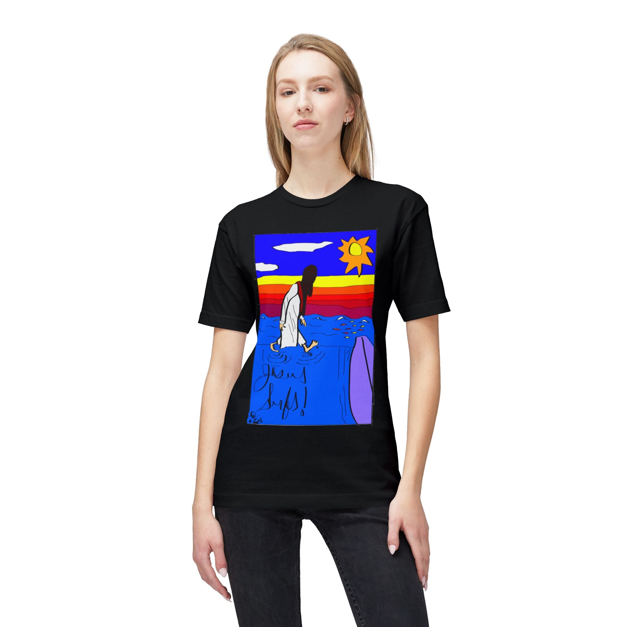 Jesus Surfs “Walks On Water” Front Graphic Unisex Deluxe T-shirt