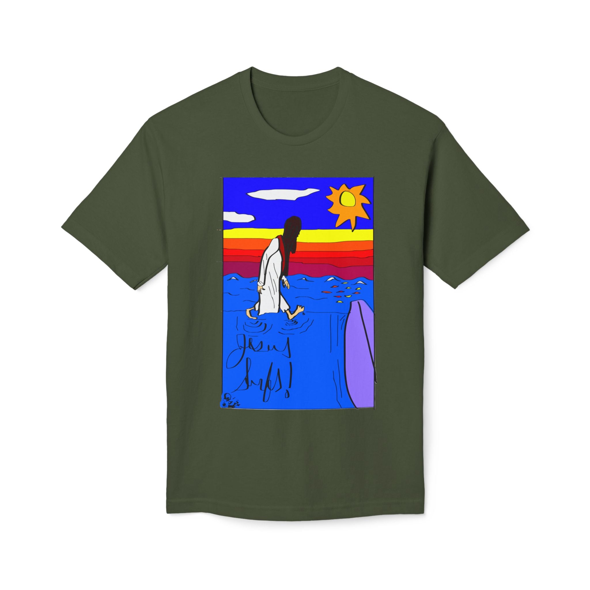 Jesus Surfs “Walks On Water” Front Graphic Unisex Deluxe T-shirt