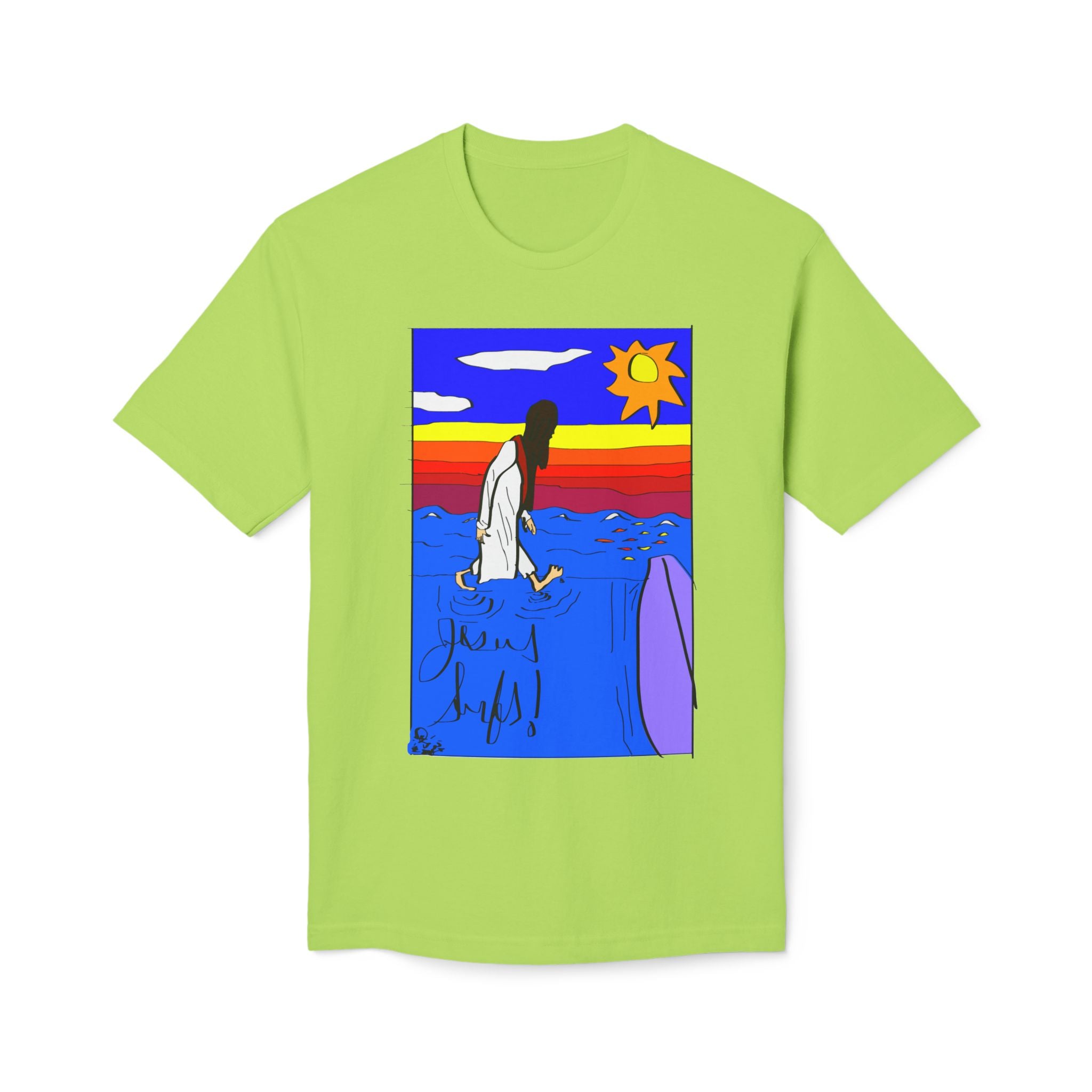 Jesus Surfs “Walks On Water” Front Graphic Unisex Deluxe T-shirt