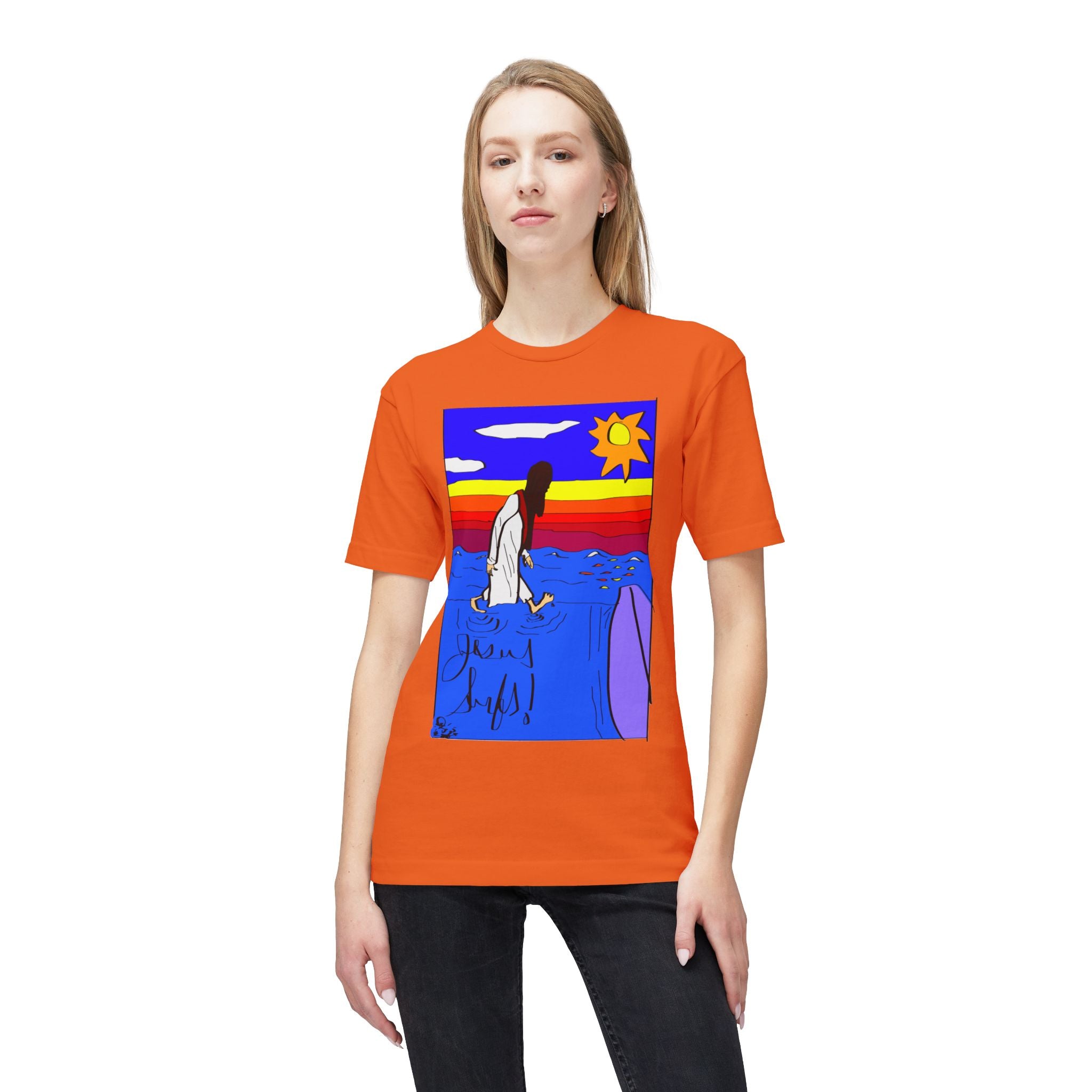 Jesus Surfs “Walks On Water” Front Graphic Unisex Deluxe T-shirt
