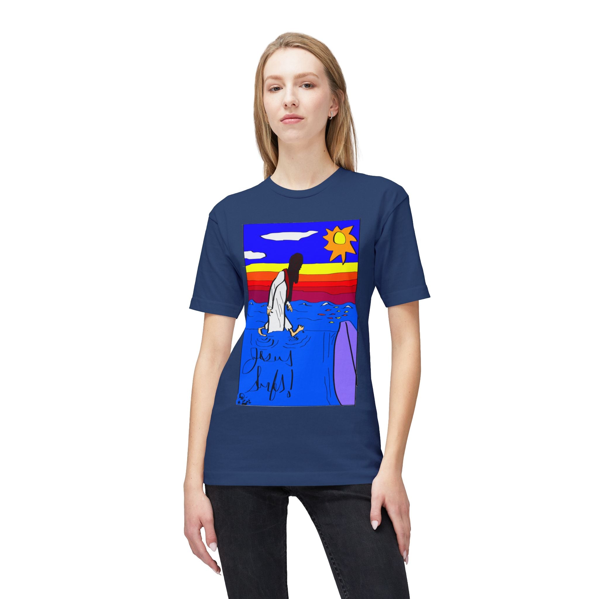 Jesus Surfs “Walks On Water” Front Graphic Unisex Deluxe T-shirt
