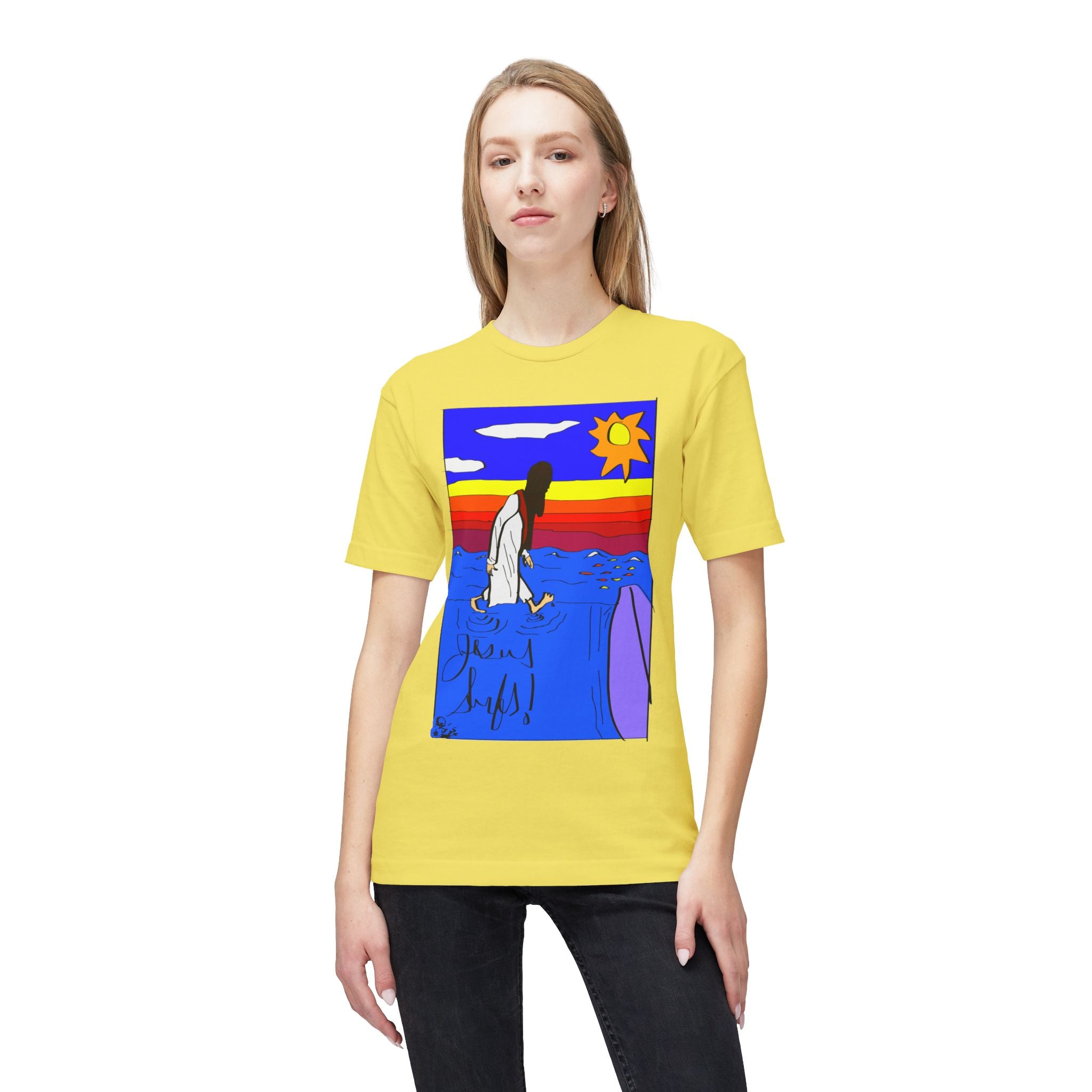 Jesus Surfs “Walks On Water” Front Graphic Unisex Deluxe T-shirt