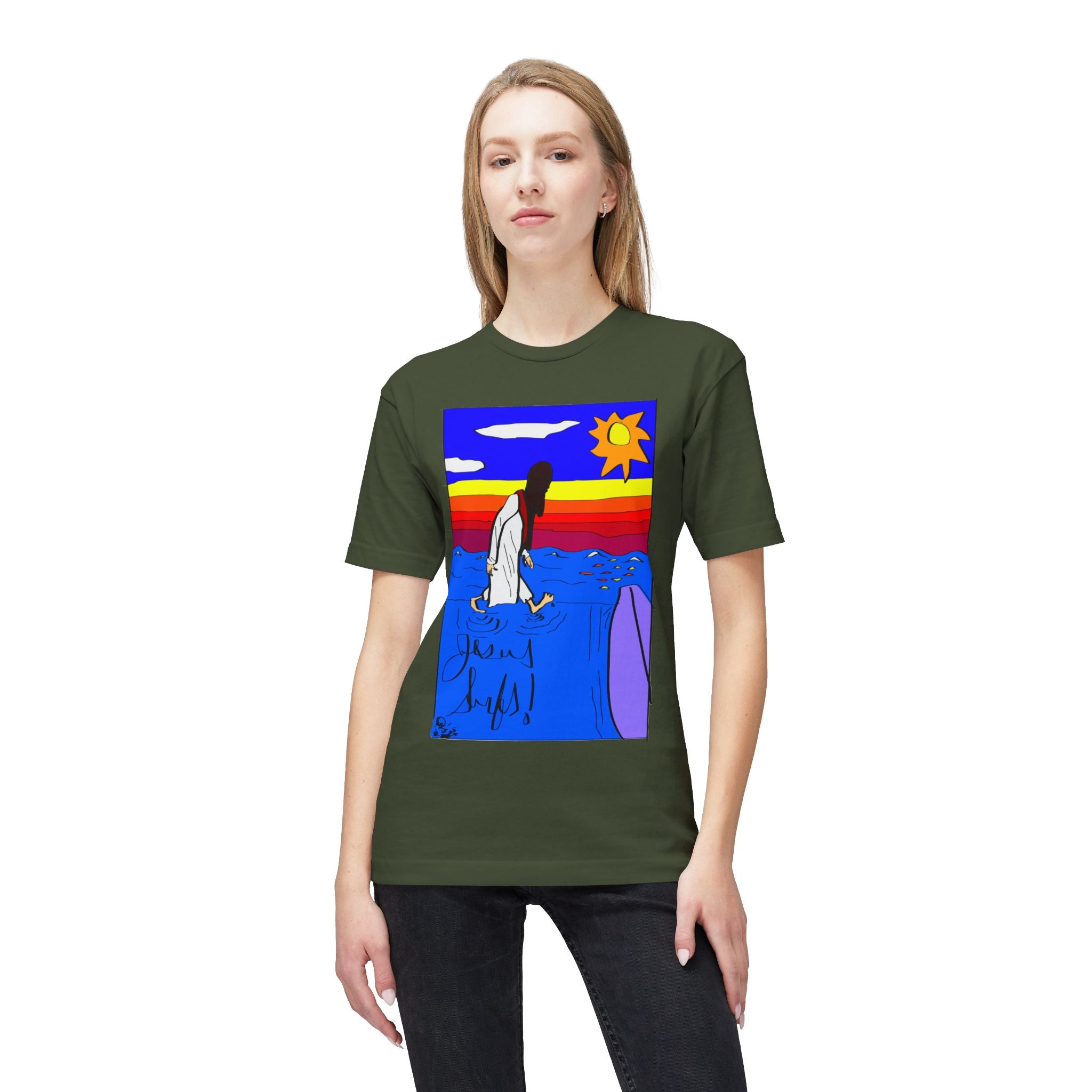 Jesus Surfs “Walks On Water” Front Graphic Unisex Deluxe T-shirt