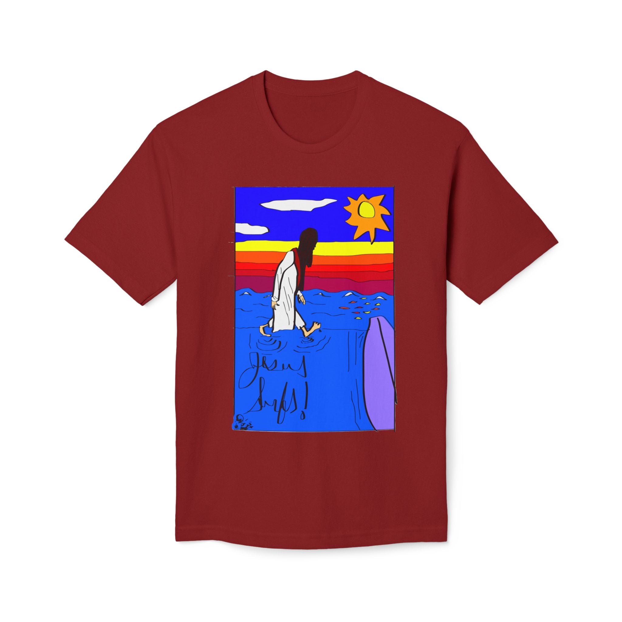 Jesus Surfs “Walks On Water” Front Graphic Unisex Deluxe T-shirt